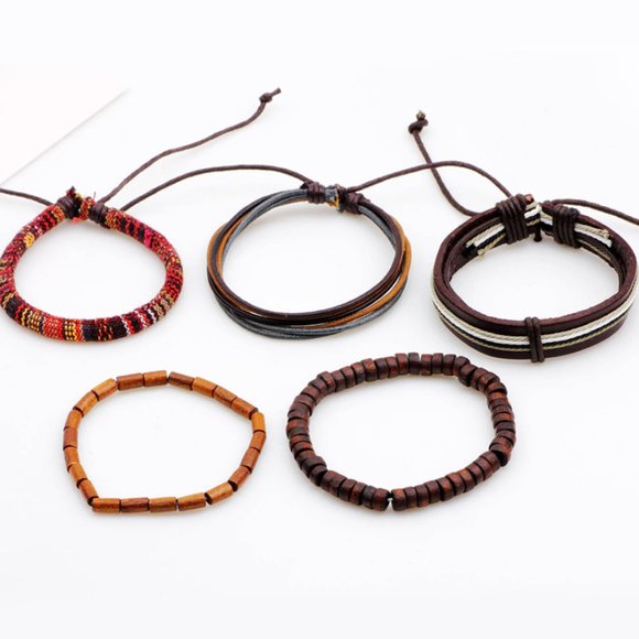 Boho 5 PC Set Wood Beads Leather Bracelets - Picture 5 of 7